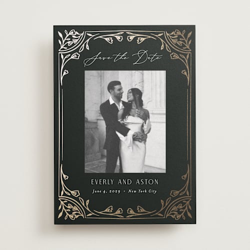 This is a onyx foil stamped save the date cards with foil pressed by Nicoletta Savod called majesty printing on recycled smooth signature in standard