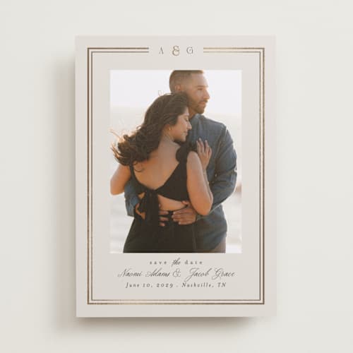 This is a champagne foil stamped save the date cards with foil pressed by Nicole Walsh called grace printing on recycled smooth signature in standard