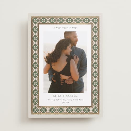 This is a evergreen foil stamped save the date cards with foil pressed by Oma N. Ramkhelawan called kareem printing on recycled smooth signature in standard