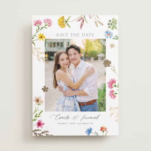 This is a garden foil stamped save the date cards with foil pressed by Yaling Hou Suzuki called bright garden printing on recycled smooth signature in standard