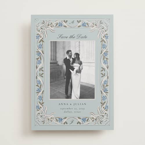 This is a spearmint foil stamped save the date cards with foil pressed by Ana de Sousa called romantic elegance printing on recycled smooth signature in standard