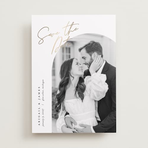 This is a snow foil stamped save the date cards with foil pressed by Pixel and Hank called capture printing on recycled smooth signature in standard