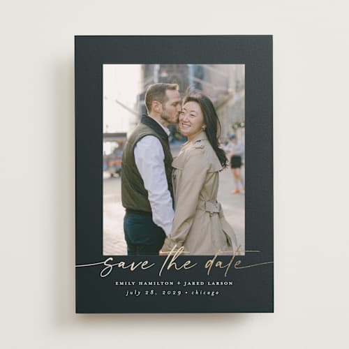 This is a midnight foil stamped save the date cards with foil pressed by Nicole Walsh called wrapped printing on recycled smooth signature in standard