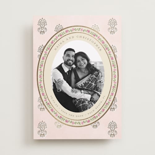This is a shubh foil stamped save the date cards with foil pressed by Creo Study called amalgamation printing on recycled smooth signature in standard