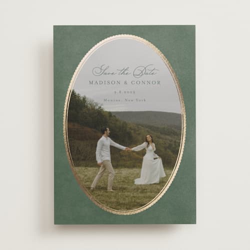 This is a rosemary foil stamped save the date cards with foil pressed by Emily Betts called vintage oval printing on recycled smooth signature in standard