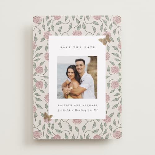 This is a blush foil stamped save the date cards with foil pressed by Grae called dancing in the garden printing on recycled smooth signature in standard