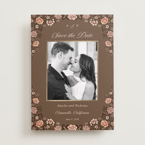 This is a chocolate foil stamped save the date cards with foil pressed by Paola Benenati called blooming path printing on recycled smooth signature in standard