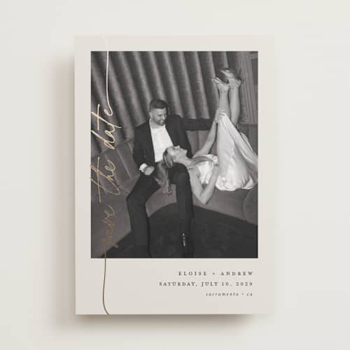 This is a linen foil stamped save the date cards with foil pressed by Pippa Shaw called silk printing on recycled smooth signature in standard
