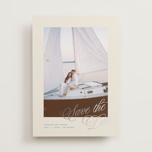 This is a capri foil stamped save the date cards with foil pressed by Creo Study called classic contemporary printing on recycled smooth signature in standard