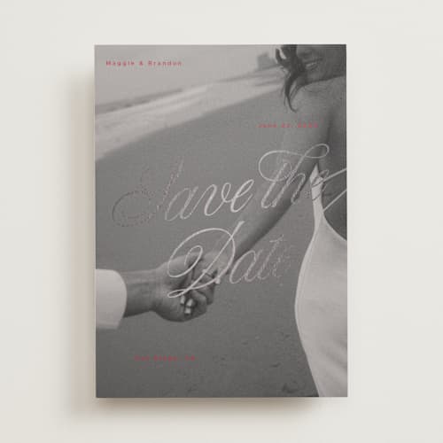 This is a crimson foil stamped save the date cards with foil pressed by Vera Lim called poster. printing on recycled smooth signature in standard