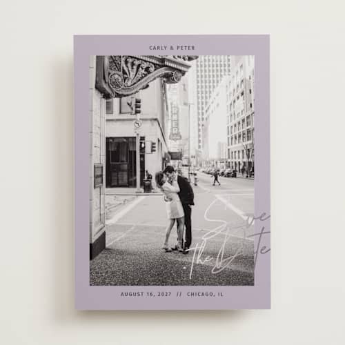 This is a lilac foil stamped save the date cards with foil pressed by Inkblot Design called metro printing on recycled smooth signature in 5x7