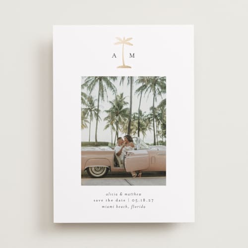 This is a coconut foil stamped save the date cards with foil pressed by Heather Schertzer called palm tree printing on recycled smooth signature in standard
