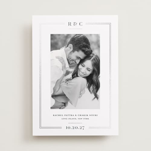 This is a midnight foil stamped save the date cards with foil pressed by Meagan Christensen called alcott printing on recycled smooth signature in standard