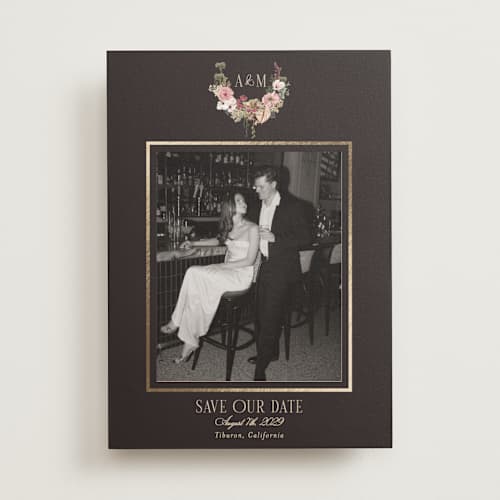 This is a blush foil stamped save the date cards with foil pressed by Susan Moyal called flouriishing printing on recycled smooth signature in standard