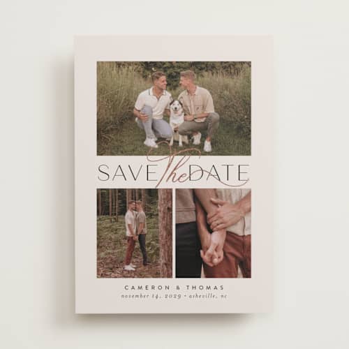 This is a chalk foil stamped save the date cards with foil pressed by Jessica Williams called flourished printing on recycled smooth signature in standard