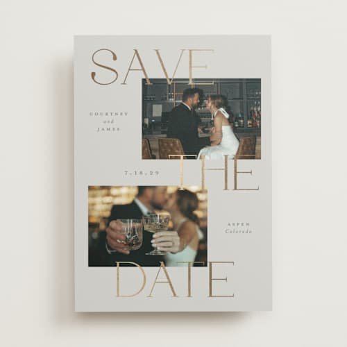 This is a almond foil stamped save the date cards with foil pressed by Emily Betts called stacked printing on recycled smooth signature in standard