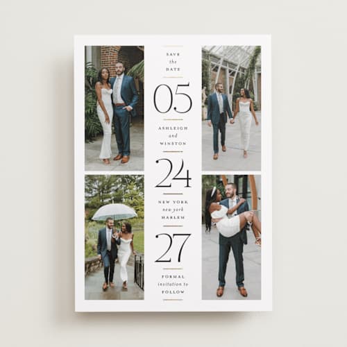 This is a opal foil stamped save the date cards with foil pressed by Heather Schertzer called formal date printing on recycled smooth signature in standard