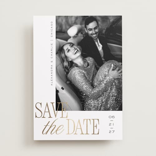 This is a pearl foil stamped save the date cards with foil pressed by Melanie Kosuge called right side printing on recycled smooth signature in standard