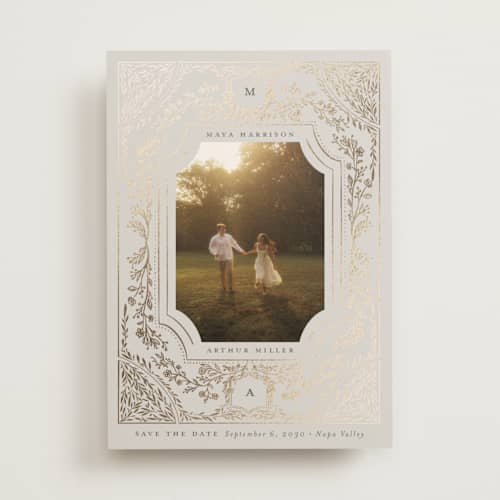 This is a fawn foil stamped save the date cards with foil pressed by Nicoletta Savod called romantics printing on recycled smooth signature in standard