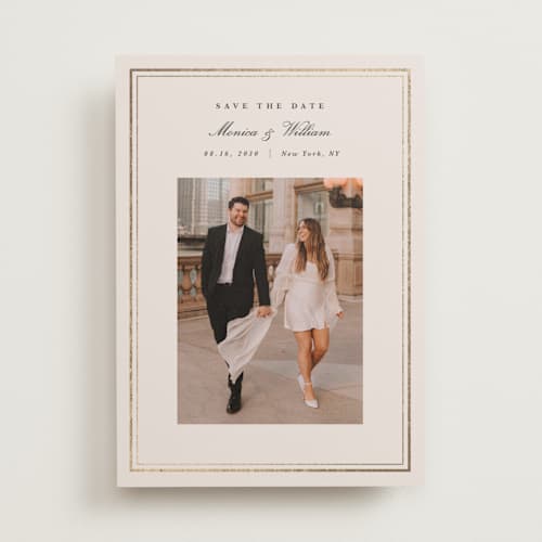 This is a ivory foil stamped save the date cards with foil pressed by Christy Hy Lee called refine frame printing on recycled smooth signature in standard