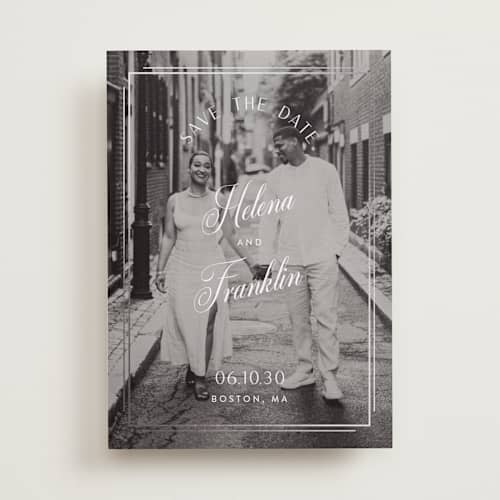 This is a moonstone foil stamped save the date cards with foil pressed by Kristen Selak-Parrish called helena printing on recycled smooth signature in standard