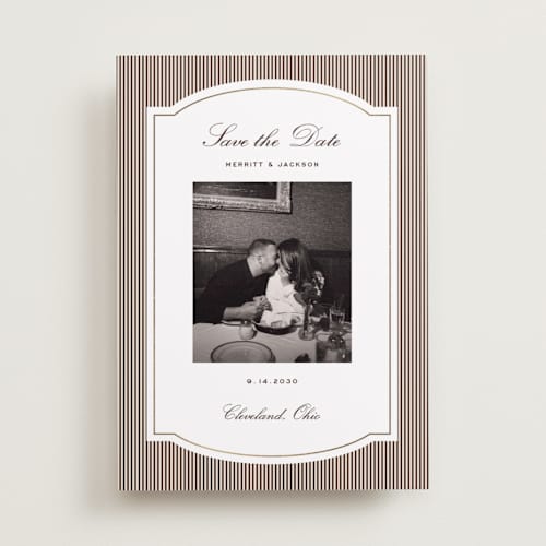 This is a mahogany foil stamped save the date cards with foil pressed by Emily Betts called lines frame printing on recycled smooth signature in standard