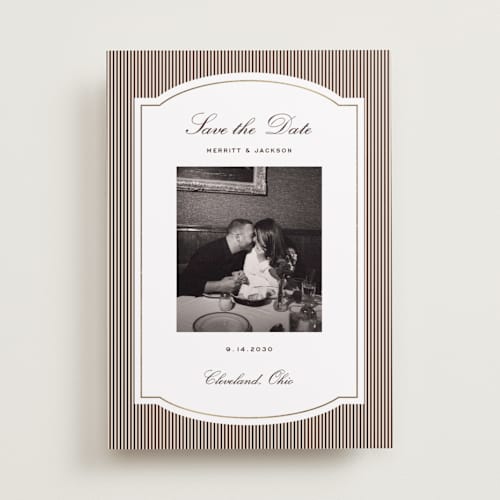 This is a mahogany foil stamped save the date cards with foil pressed by Emily Betts called lines frame printing on recycled smooth signature in standard