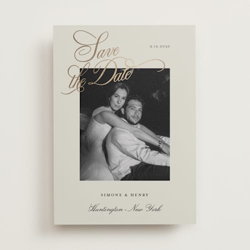 This is a champagne foil stamped save the date cards with foil pressed by Benita Crandall called flourishing script printing on recycled smooth signature in standard