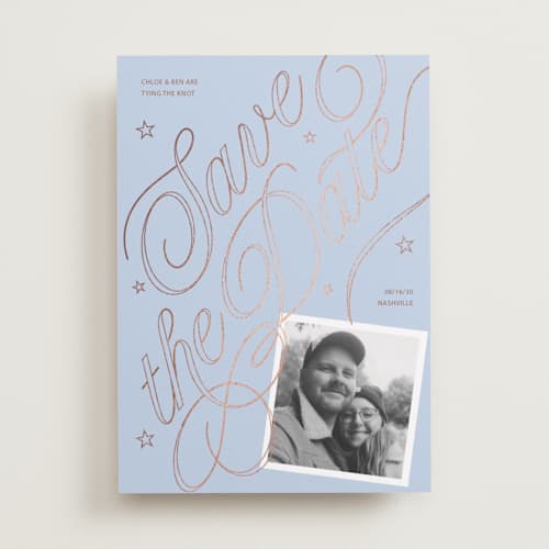 This is a milky way foil stamped save the date cards with foil pressed by Inkblot Design called swirl printing on recycled smooth signature in standard