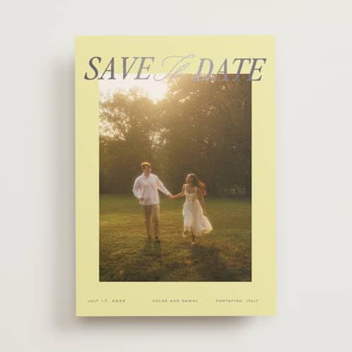 This is a citrine foil stamped save the date cards with foil pressed by Creo Study called gilded island printing on recycled smooth signature in standard