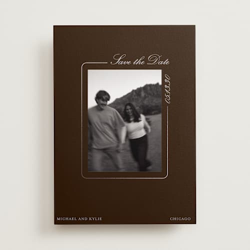 This is a copper foil stamped save the date cards with foil pressed by Baumbirdy called matte printing on recycled smooth signature in standard