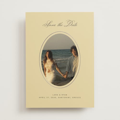 This is a butter foil stamped save the date cards with foil pressed by Ani Somi called finer things printing on recycled smooth signature in standard