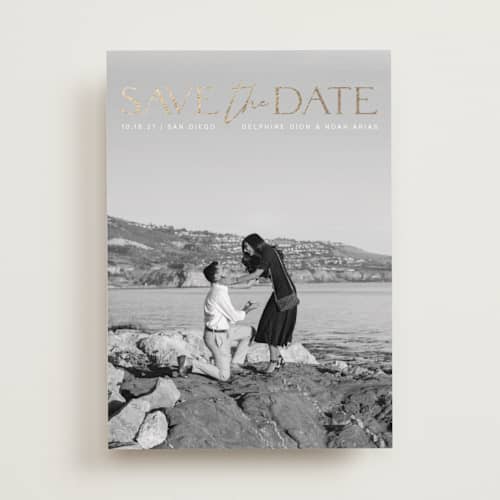 This is a moonstone foil stamped save the date cards with foil pressed by Olivia Raufman called breathtaking printing on recycled smooth signature in standard