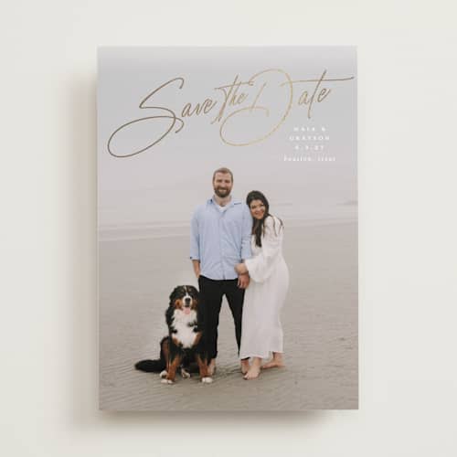 This is a snow foil stamped save the date cards with foil pressed by Lauren Chism called sweetest love printing on recycled smooth signature in standard