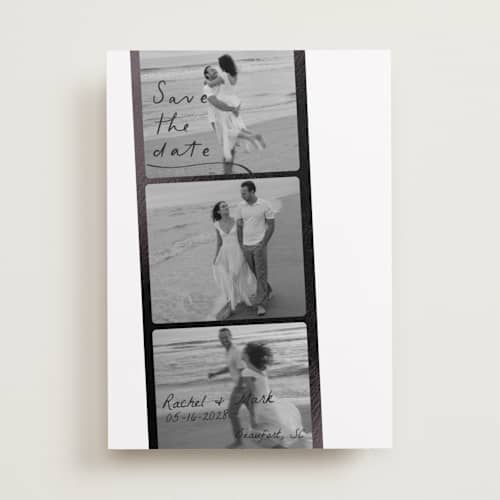 This is a onyx foil stamped save the date cards with foil pressed by Sarah Mraz called filmstrip printing on recycled smooth signature in standard