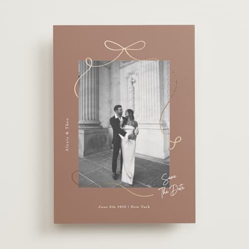 This is a coffee foil stamped save the date cards with foil pressed by Elly called gentle bow printing on recycled smooth signature in standard