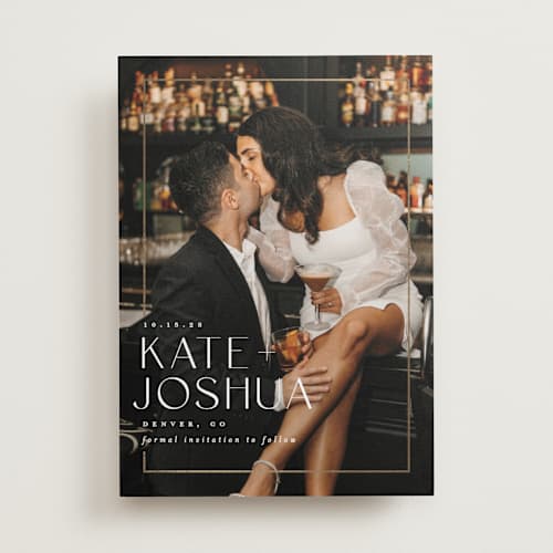 This is a pearl foil stamped save the date cards with foil pressed by Brooke Chandler called surround printing on recycled smooth signature in standard