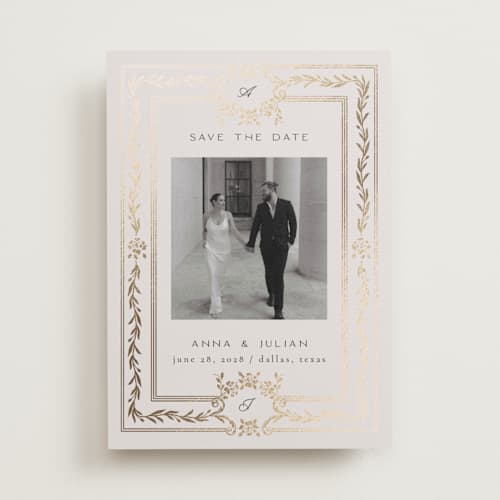 This is a silk foil stamped save the date cards with foil pressed by Ana de Sousa called olive elegance printing on recycled smooth signature in standard