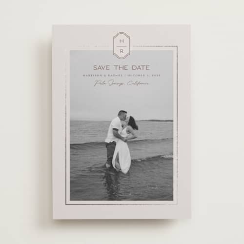 This is a dove foil stamped save the date cards with foil pressed by Rachelle Clarke called modern monogram printing on recycled smooth signature in standard