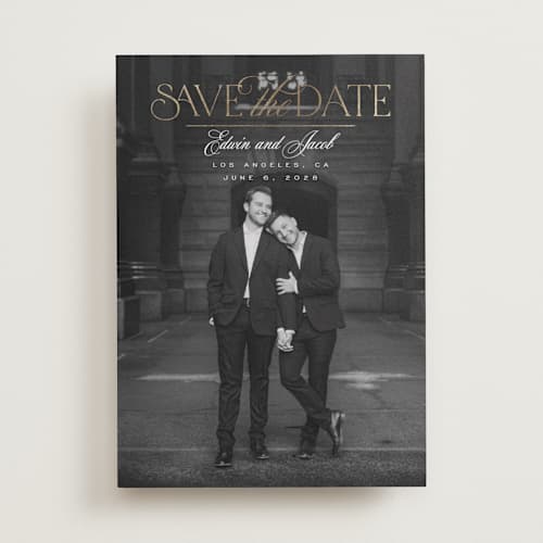 This is a pearl foil stamped save the date cards with foil pressed by Leah Bisch called union printing on recycled smooth signature in standard