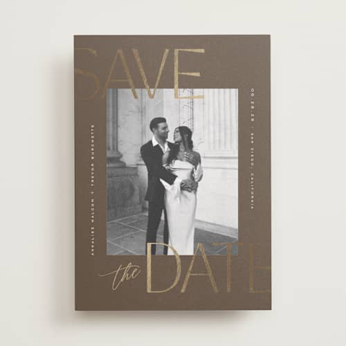 This is a desert foil stamped save the date cards with foil pressed by Wildfield Paper Co called saguaro printing on recycled smooth signature in standard