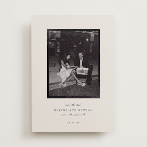 This is a cream foil stamped save the date cards with foil pressed by Sara Hicks Malone called classically yours printing on recycled smooth signature in standard