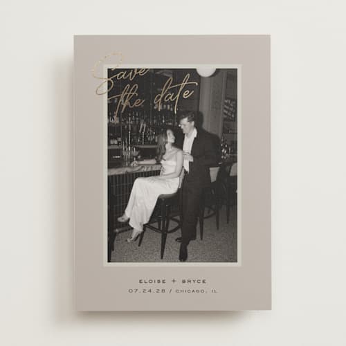 This is a taupe foil stamped save the date cards with foil pressed by Louise Kay called chic photo printing on recycled smooth signature in standard