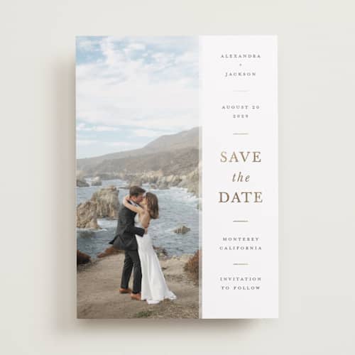 This is a chiffon foil stamped save the date cards with foil pressed by Ashley Rosenbaum called effortless printing on recycled smooth signature in standard