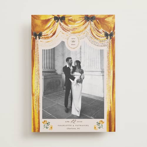 This is a golden foil stamped save the date cards with foil pressed by Claudia Orengo called tuileries printing on recycled smooth signature in standard