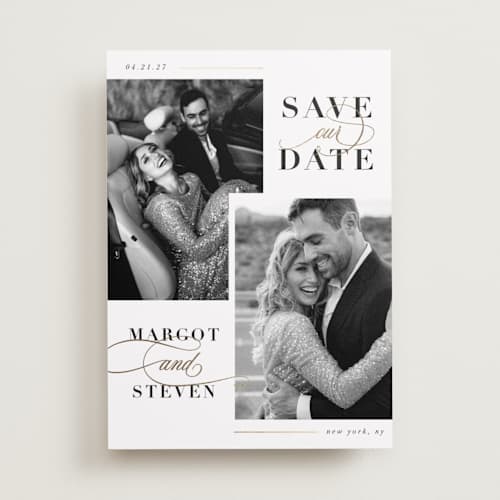This is a cloud foil stamped save the date cards with foil pressed by Ashlee Townsend called double up printing on recycled smooth signature in standard