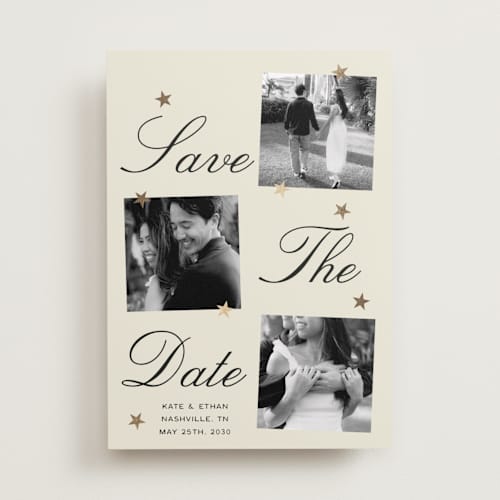 This is a champagne foil stamped save the date cards with foil pressed by Ani Somi called merry stars printing on recycled smooth signature in standard