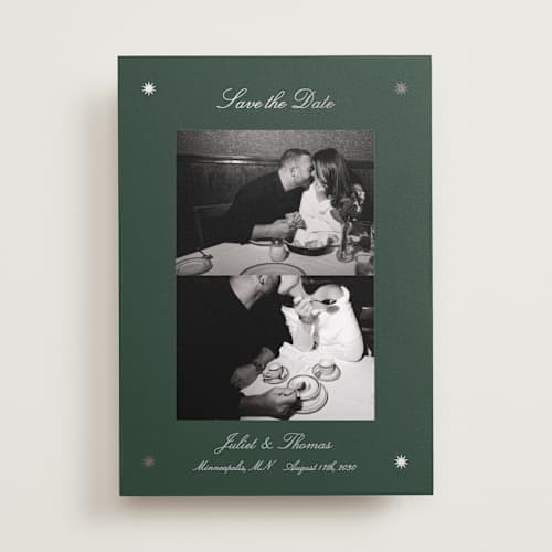 This is a pine foil stamped save the date cards with foil pressed by Kelly Watkins called stars printing on recycled smooth signature in standard