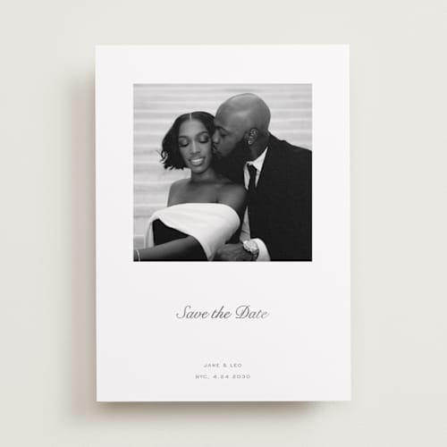 This is a snow foil stamped save the date cards with foil pressed by Megan Davis called curate printing on recycled smooth signature in standard