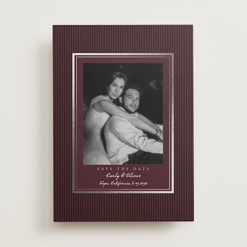 This is a wine foil stamped save the date cards with foil pressed by Elly called charm printing on recycled smooth signature in standard